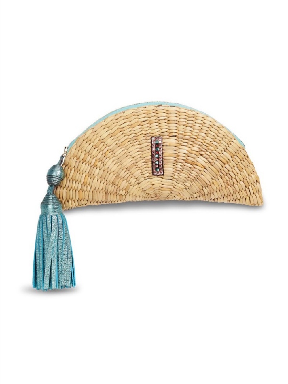 Anya Hindmarch Woven Straw Half-Moon Clutch with Turquoise Tassel